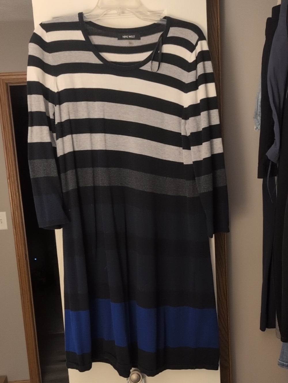 Nine West Black, White & Blue Striped Knit Dress